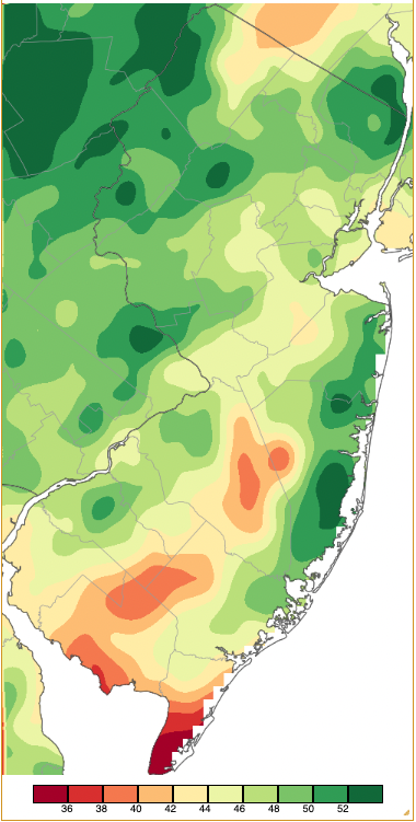 Annual 2022 precipitation across New Jersey based on a PRISM (Oregon State University) analysis generated using NWS Cooperative and CoCoRaHS observations.