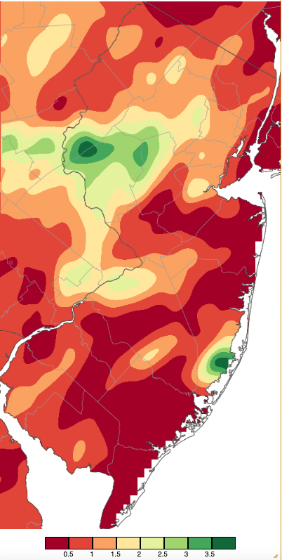 Precipitation across New Jersey from 7AM on August 21st through 7AM August 23rd based on a PRISM (Oregon State University) analysis generated using NWS Cooperative and CoCoRaHS observations.