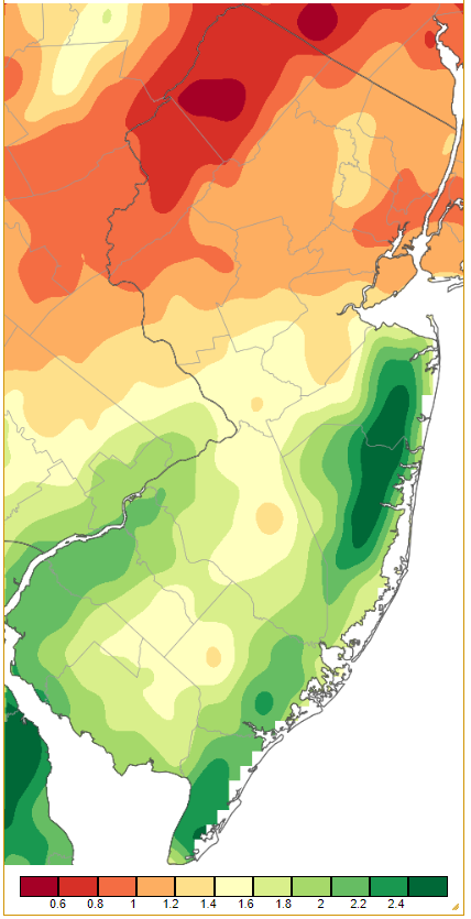 Precipitation across New Jersey from 7 AM on December 15th through 7 AM December 16th based on a PRISM (Oregon State University) analysis generated using NWS Cooperative and CoCoRaHS observations.
