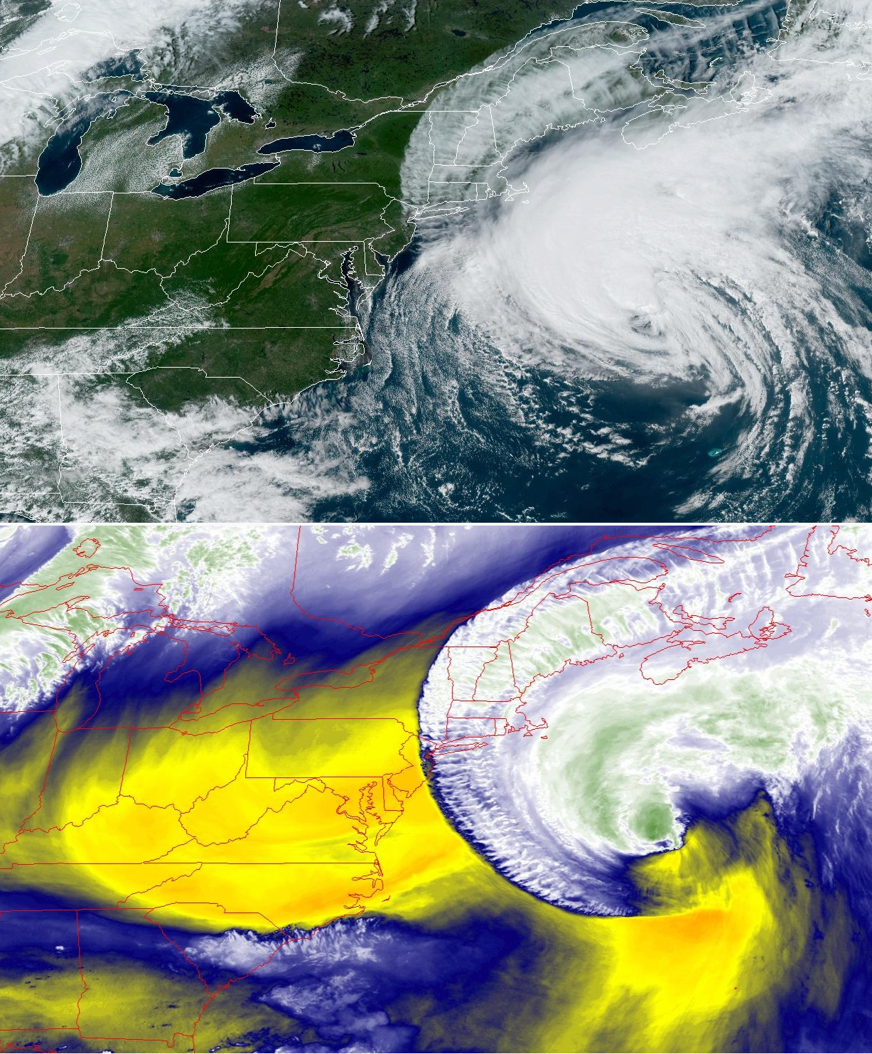 Top: NOAA GOES visible image showing Hurricane Lee off the East Coast at 2:31 PM EDT on September 15th. Bottom: NOAA GOES water vapor image at 2:31 PM EDT with the driest air as yellow/orange shades and wettest as green. Notice the dry air getting entrained into Lee, contributing to a weakening of the storm.