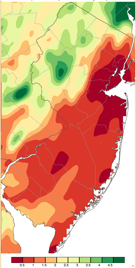 Precipitation across New Jersey from 8 AM on July 9 through 8 AM July 10 based on a PRISM (Oregon State University) analysis generated using NWS Cooperative, CoCoRaHS, NJWxNet, and other professional weather station observations.
