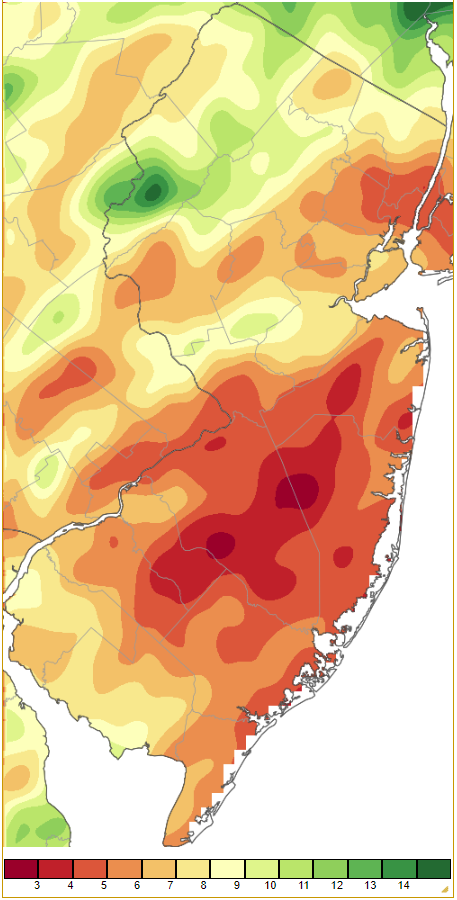 July 2023 precipitation across New Jersey based on a PRISM (Oregon State University) analysis generated using NWS Cooperative, CoCoRaHS, NJWxNet, and other professional weather station observations from approximately 8 AM on June 30th to 8 AM on July 31st.