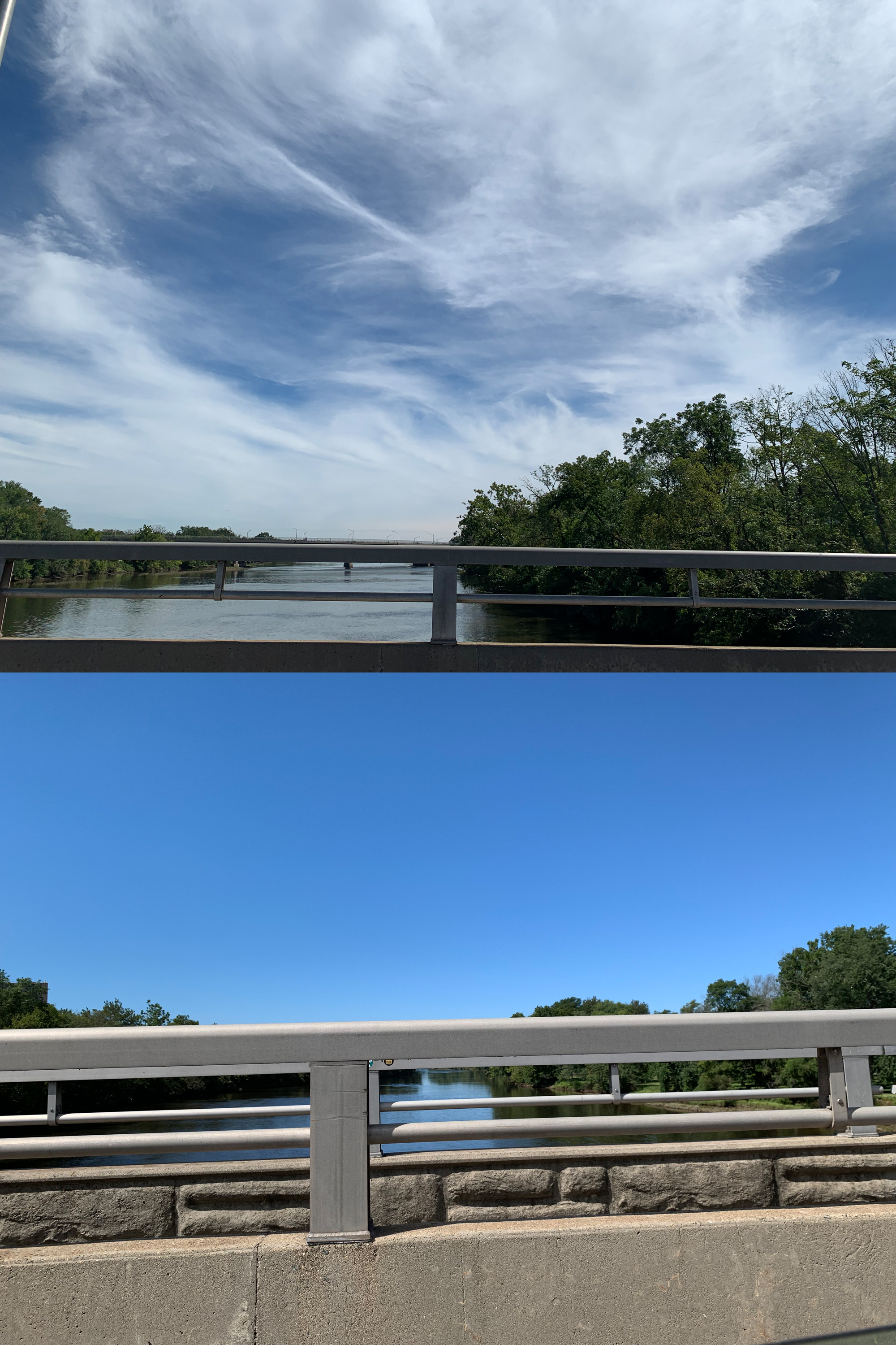 Top: Cirrus cloud cover from the western periphery of Hurricane Lee looking east from Landing Lane Bridge between Piscataway (Middlesex) and New Brunswick (Middlesex) at 12:30 PM EDT on September 15th. Bottom: Deep blue sky looking west from the bridge at the same time (photos by D. Robinson).