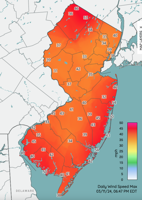 Peak wind gusts at selected NJWxNet stations on March 11th. All peak gusts had been reached by the map generation time of 6:47 PM.