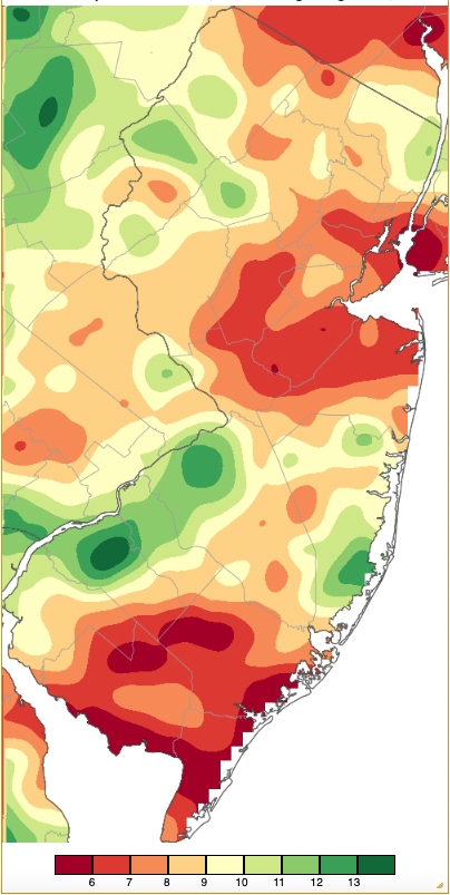 Summer precipitation across New Jersey from 7AM on May 31st through 7AM August 31st based on a PRISM (Oregon State University) analysis generated using generated using NWS Cooperative and CoCoRaHS observations.