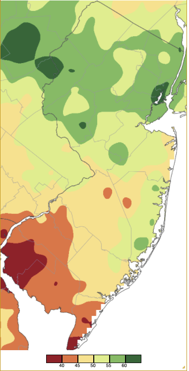 Annual 2021 precipitation across New Jersey based on a PRISM (Oregon State University) analysis generated using NWS Cooperative and CoCoRaHS observations.