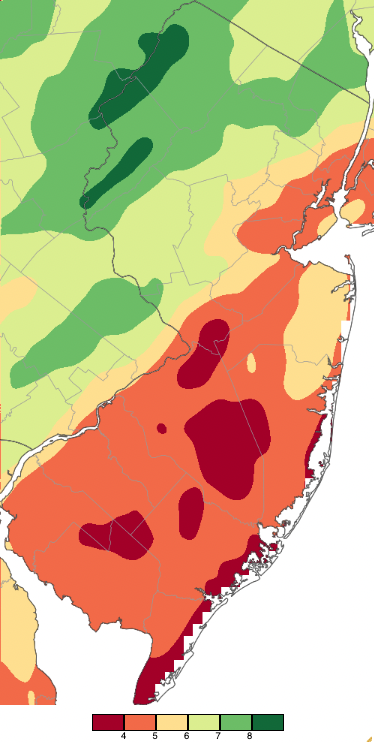 April 2022 precipitation across New Jersey based on a PRISM (Oregon State University) analysis generated using NWS Cooperative and CoCoRaHS observations from 8 AM on March 31st to 8 AM on April 30th (PM rainfall on March 31st is included in April totals).