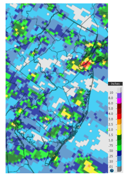 Rainfall from 8 AM on August 27th to 8 AM on August 28th from the Advanced Hydrologic Prediction Service precipitation analysis product