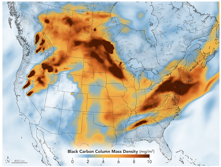 Black carbon column mass density map on July 21, 2021, representing atmospheric smoke