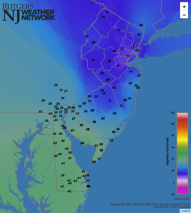 Dew point temperatures at 8:40 PM on April 6th at NJWxNet stations