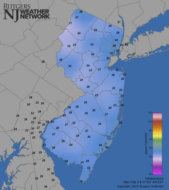 Temperatures across NJ and surrounding states at 7:00AM on February 24th.