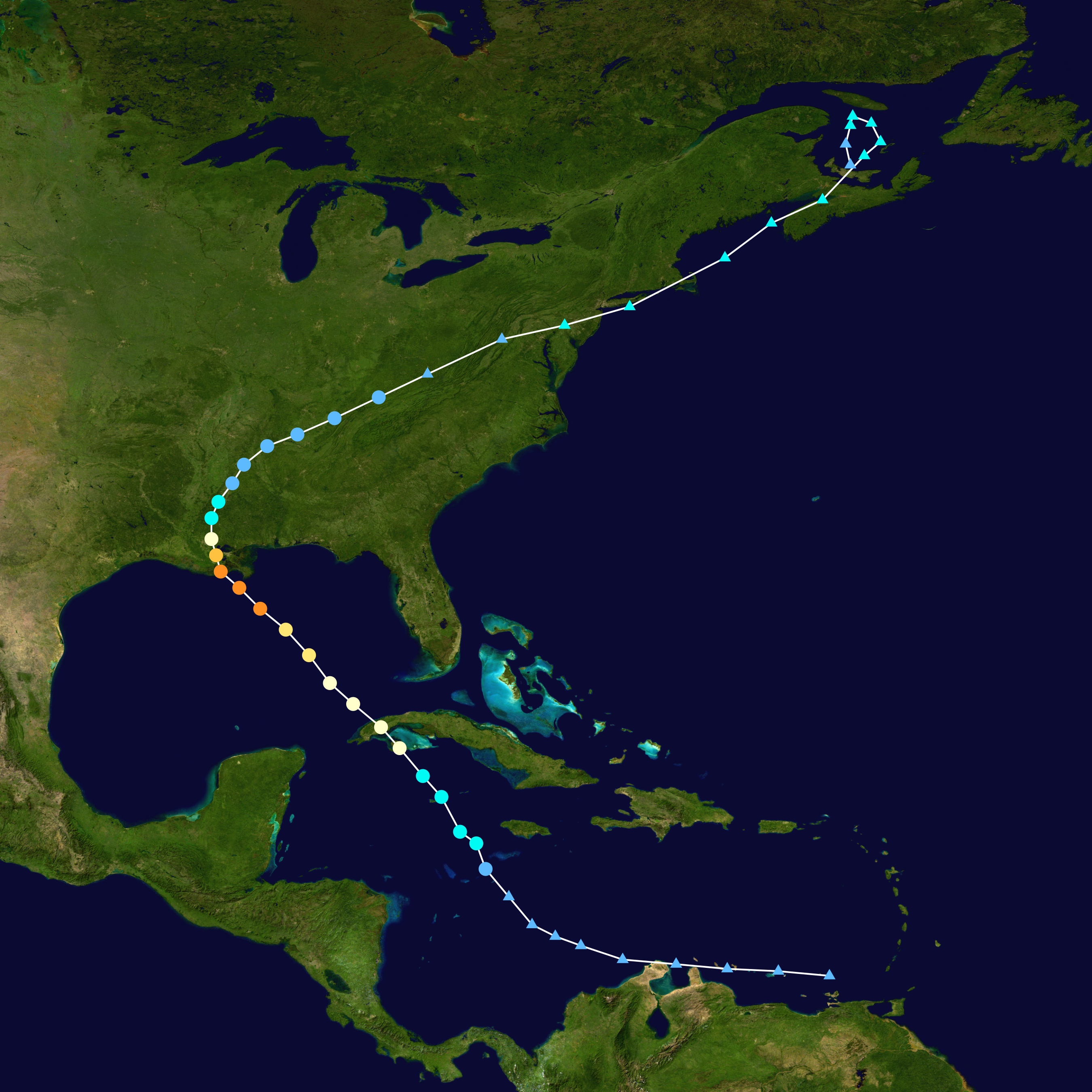 The path of Ida from the Caribbean into Atlantic Canada from August 23rd to September 4th.