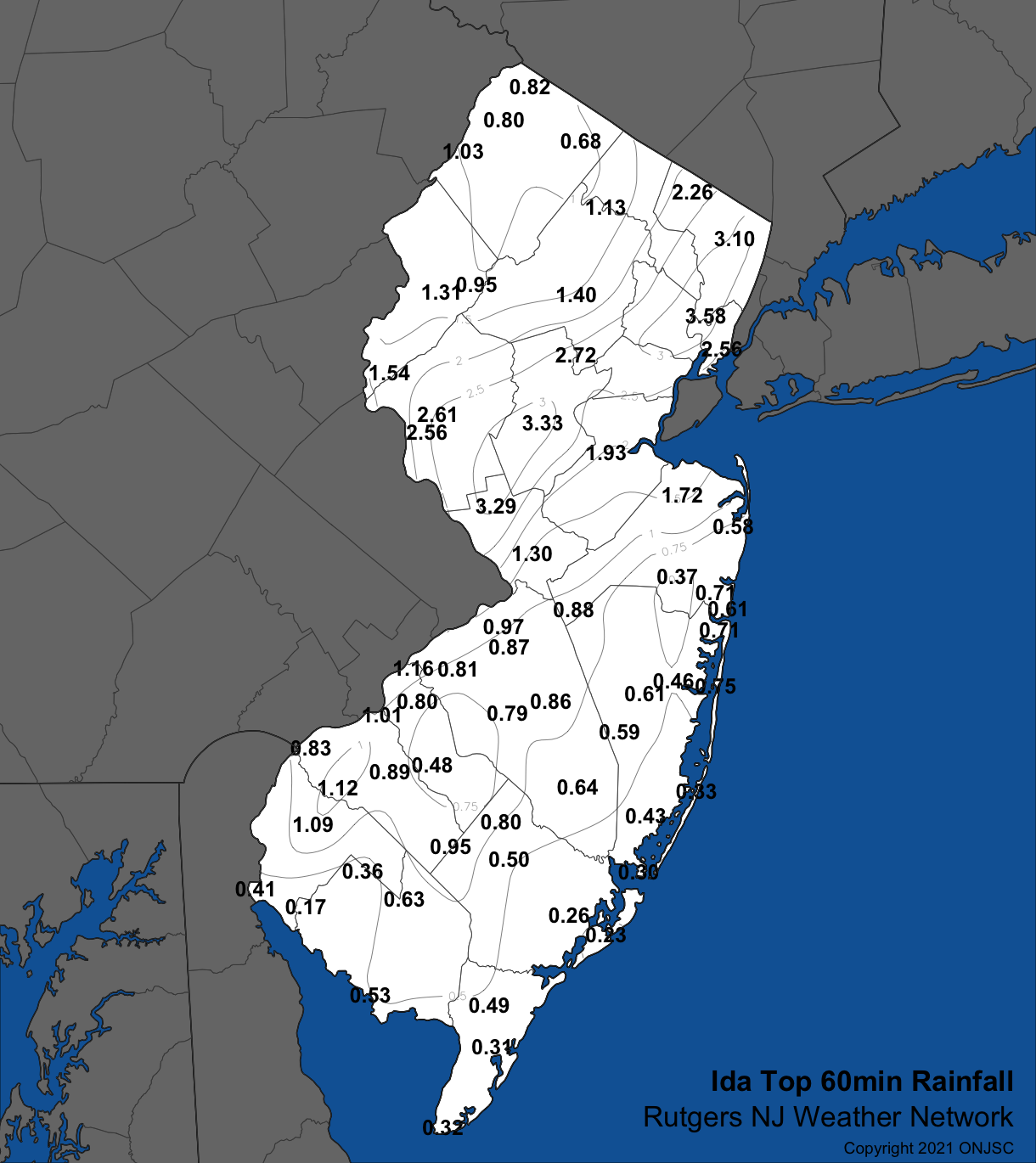 Peak one-hour rainfall across NJ based on observations from Rutgers NJWxNet stations and the Newark Airport NWS station.