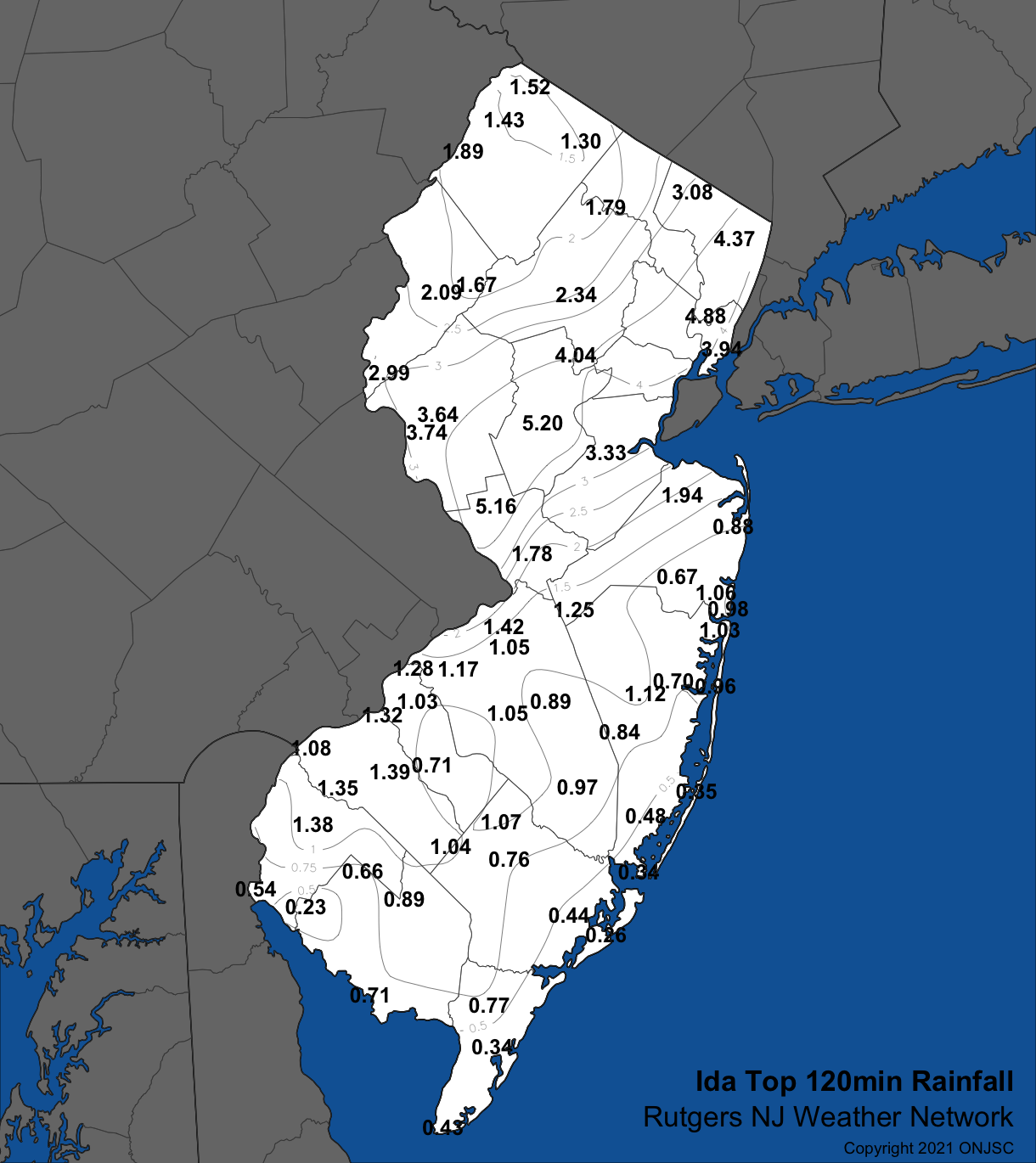 Peak two-hour rainfall across NJ based on observations from Rutgers NJWxNet stations and the Newark Airport NWS station.