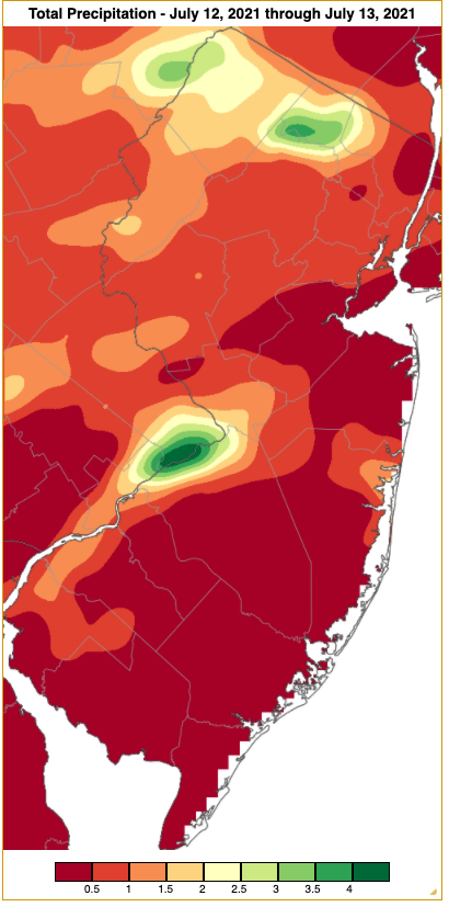 Rainfall from approximately 7 AM on July 11th to 7 AM on July 13th based on an analysis generated using NWS Cooperative and CoCoRaHS observations