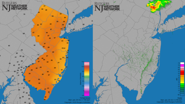 Sea breeze on June 29th as seen on temperature and radar maps