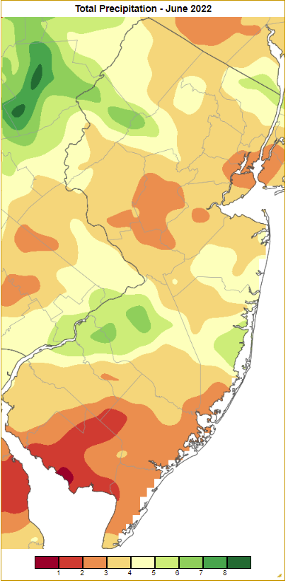June 2022 precipitation across New Jersey based on a PRISM (Oregon State University) analysis generated using NWS Cooperative and CoCoRaHS observations from 8 AM on May 31st to 8 AM on June 30th.