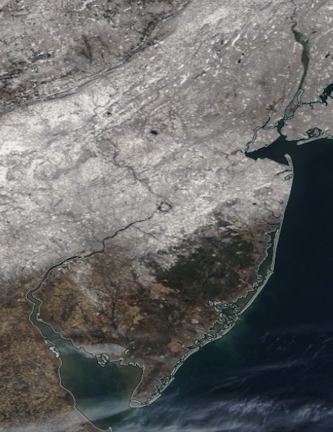 NASA MODIS visible satellite image showing snow cover across northern, central and parts of southwest NJ and surrounding areas to the east, north, and west on the morning of February 15th. The only cloud cover is seen along the central Delaware Bay coast and in the region close to Cape May.