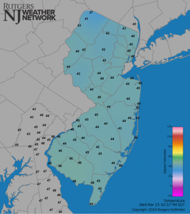 Temperatures across NJ and surrounding states at 2:55 PM on March 25th.