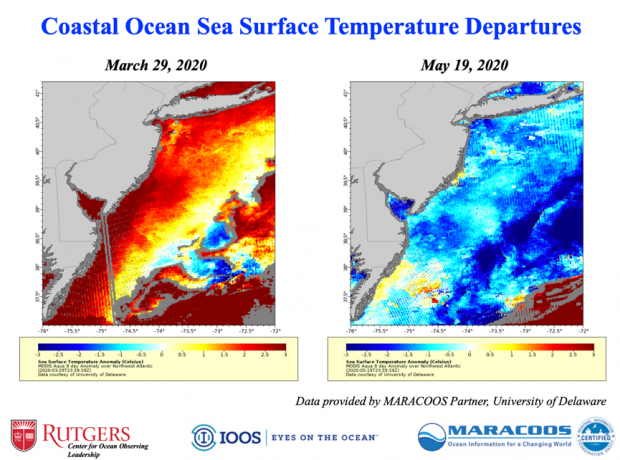 Sea surface temperatures off NJ on March 29th and May 19th