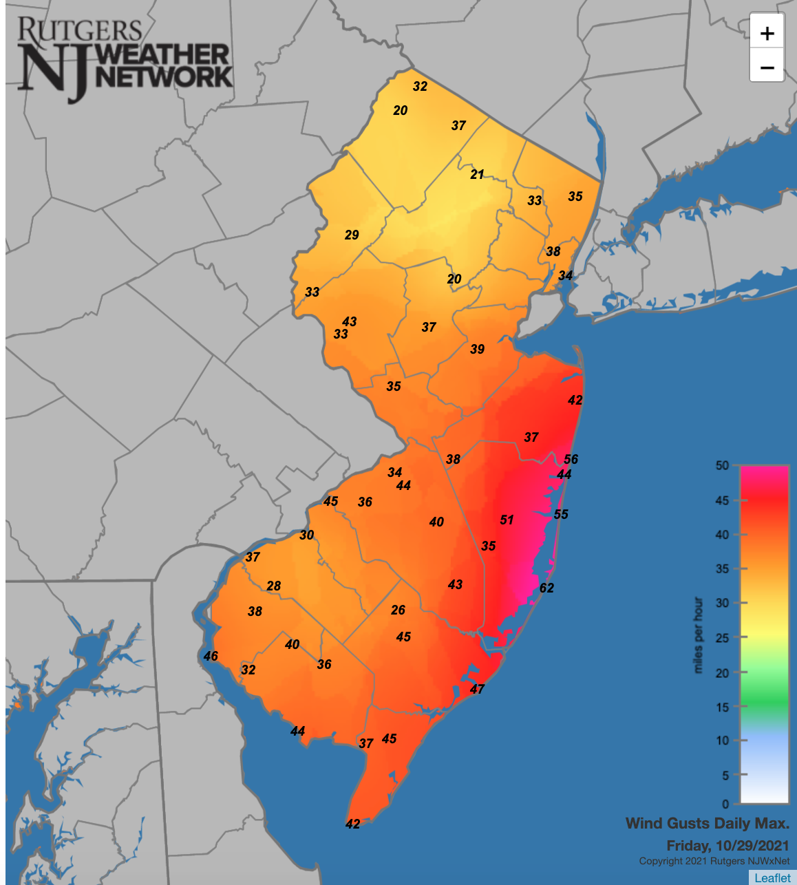 Maximum wind gusts at NJWxNet locations on October 29th.