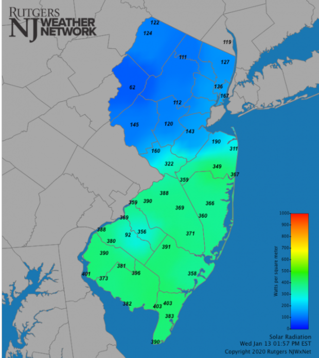 NJ solar radiation map image at 2:00 PM on January 13th