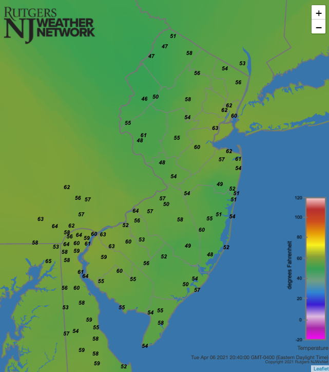 Air temperatures at 8:40 PM on April 6th at NJWxNet stations