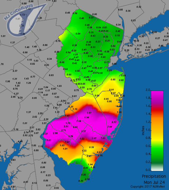Rainfall map from the morning of July 23rd to morning of July 24th.