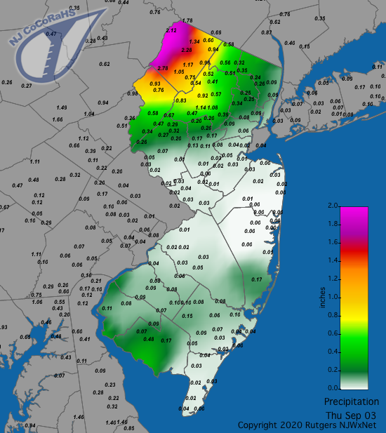 CoCoRaHS precipitation map for the 24 hours ending on the morning of September 3rd