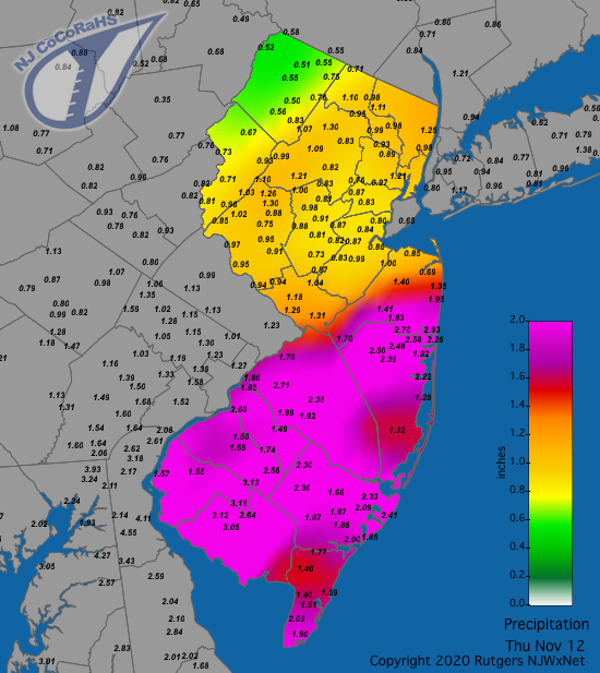 CoCoRaHS precipitation map for the 24 hours ending on the morning of November 12th