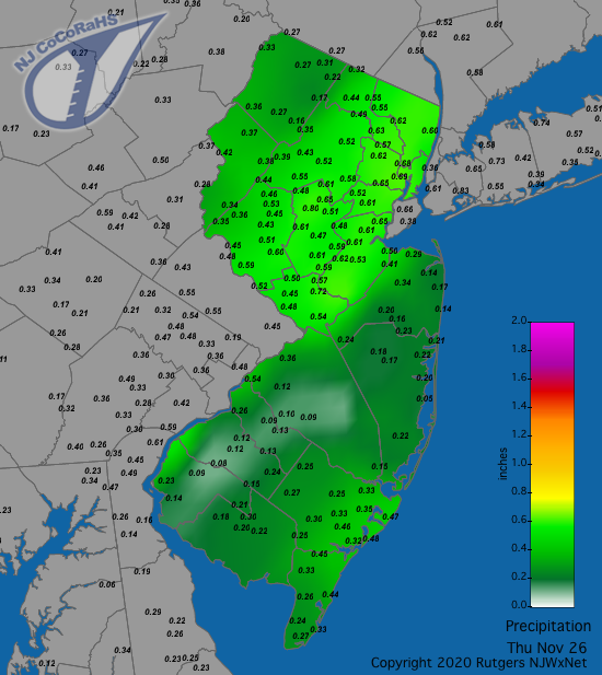 CoCoRaHS precipitation map for the 24 hours ending on the morning of November 26th