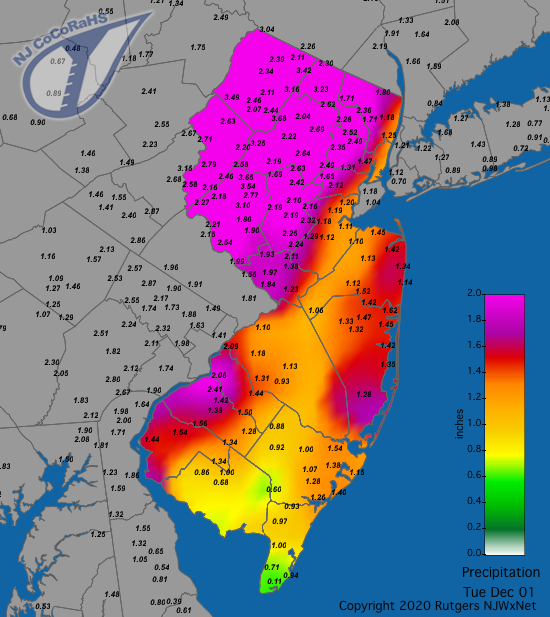 CoCoRaHS precipitation map for the 24 hours ending on the morning of December 1st