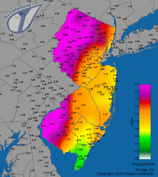 CoCoRaHS precipitation map for the 24 hours ending on the morning of December 25th