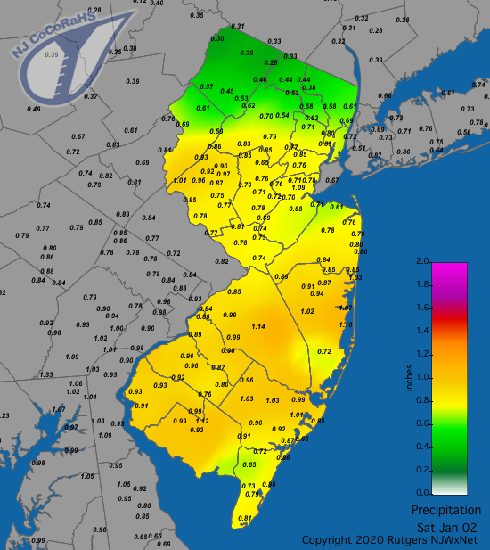 CoCoRaHS precipitation map for the 24 hours ending on the morning of January 2nd