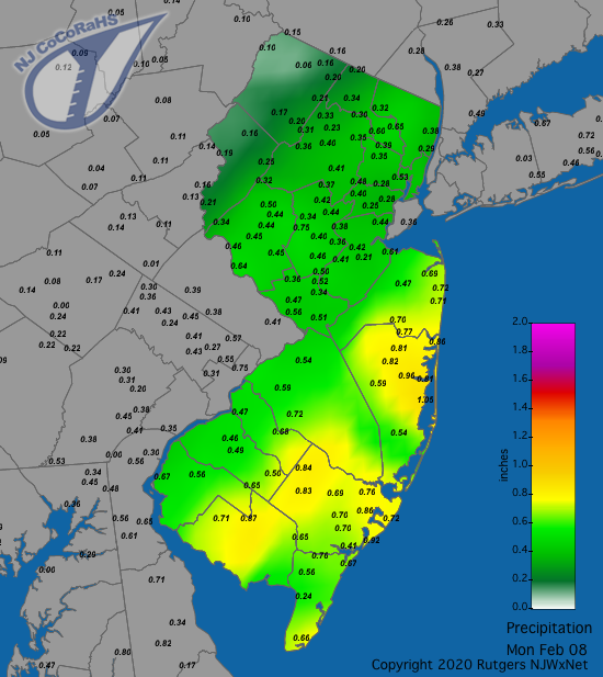 CoCoRaHS precipitation map for the 24 hours ending on the morning of February 8th