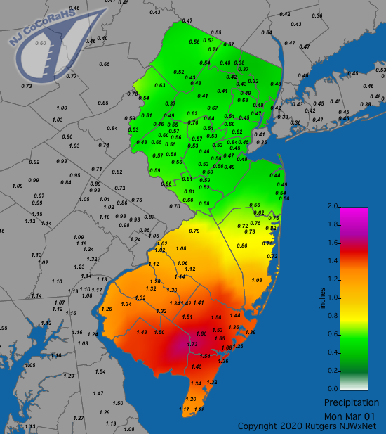 CoCoRaHS precipitation map for the 24 hours ending on the morning of March 1st