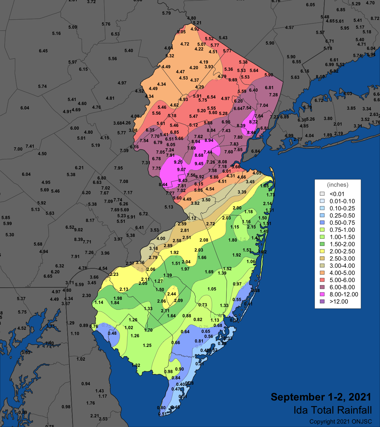 September 1st–2nd rainfall in NJ and surrounding states based on observations from Rutgers NJ Weather Network, NJ CoCoRaHS, National Weather Service Cooperative stations, and observations from several other networks. Around 370 NJ observations were used to generate the map. Not all observations that went into the colored contouring in NJ are shown to avoid overlapping values.