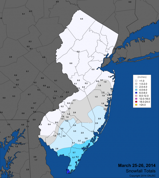 Snowfall totals from March 25-26, 2014.