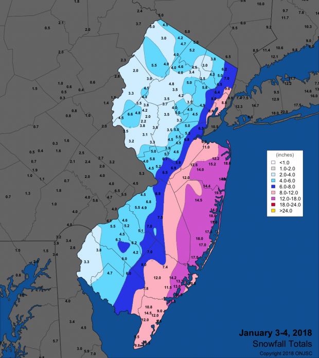 Snowfall map from January 3rd–4th