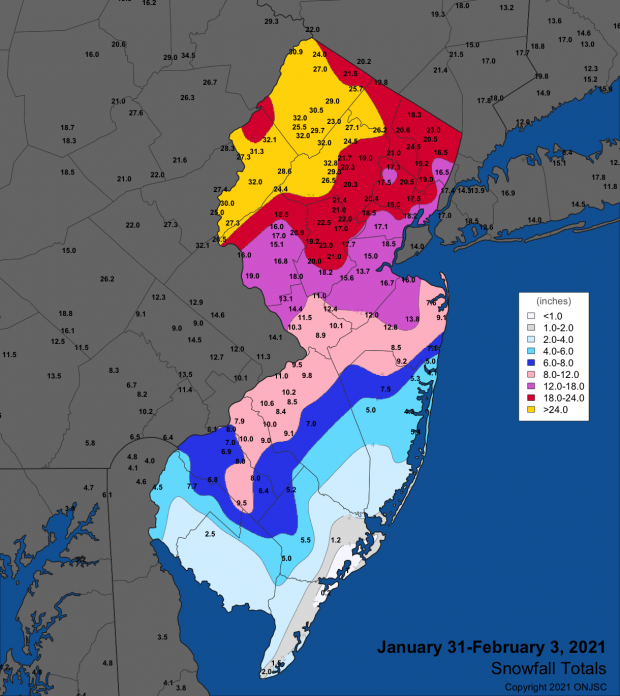 Snowfall map from January 31st-February 3rd winter storm