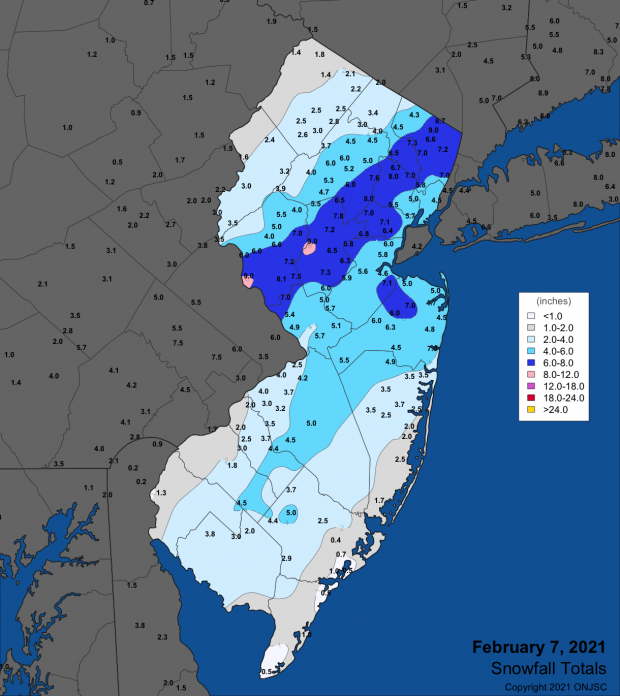Snowfall map from the February 7th winter storm