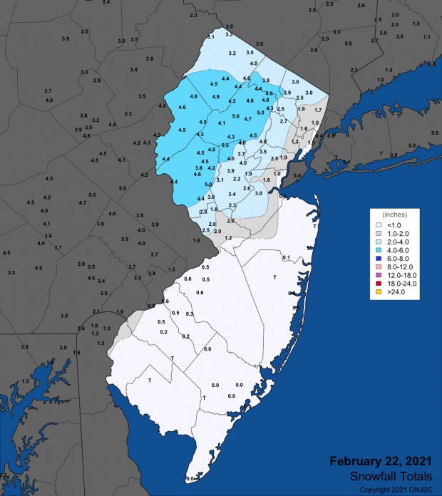 Snowfall map from the February 22nd winter storm