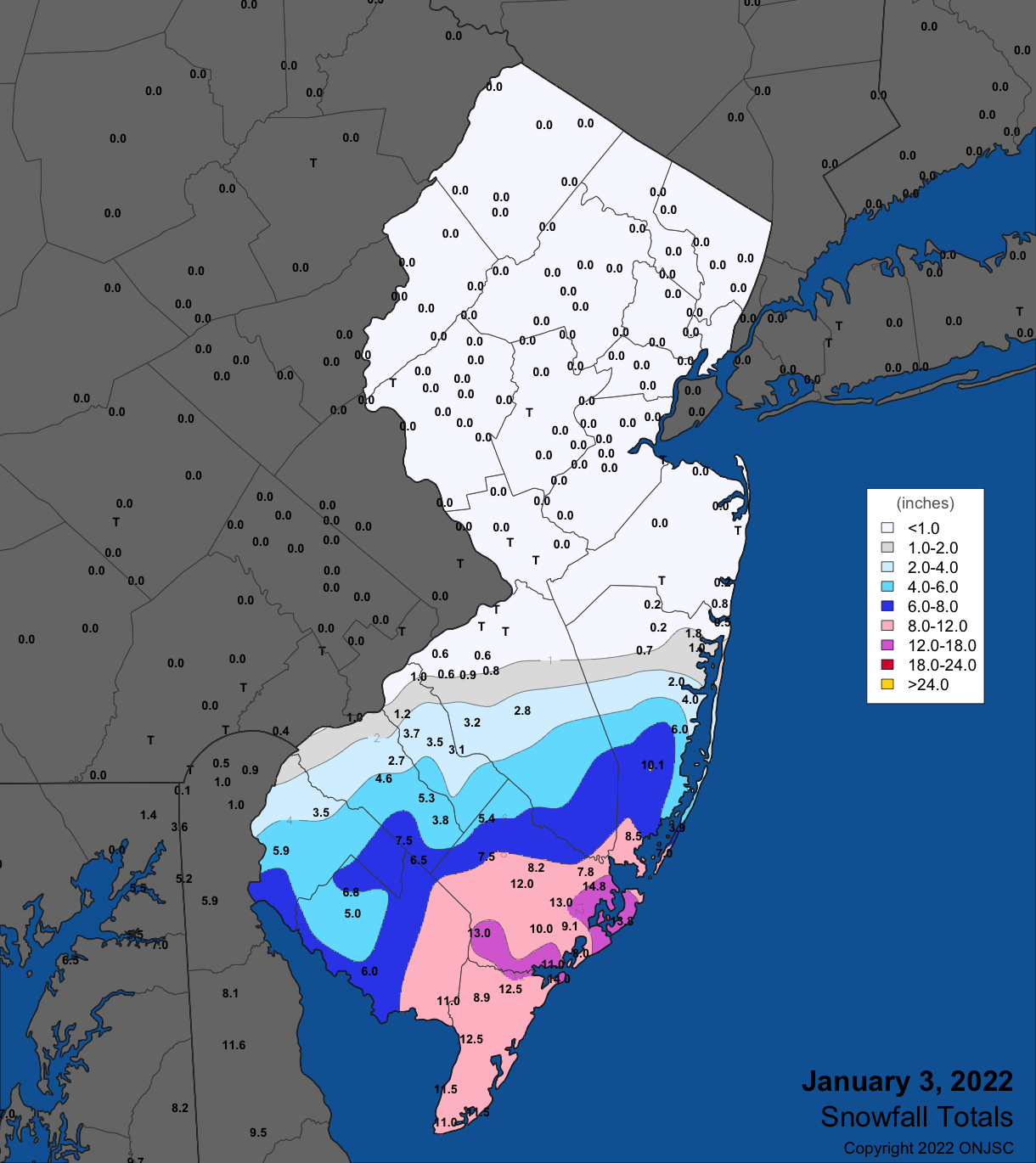 Snowfall on January 3rd. Observations are from CoCoRaHS, NWS Cooperative Observer, and NWS Trained Spotter reports.