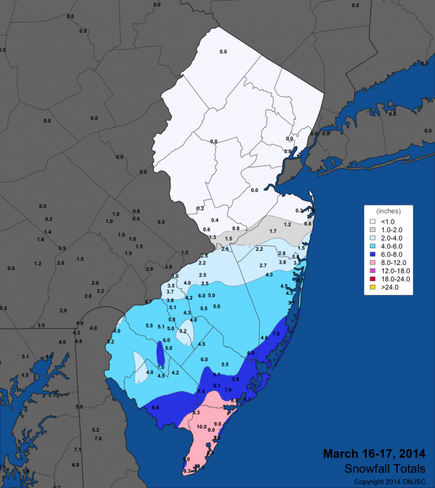 Snow map from March 16-17, 2014