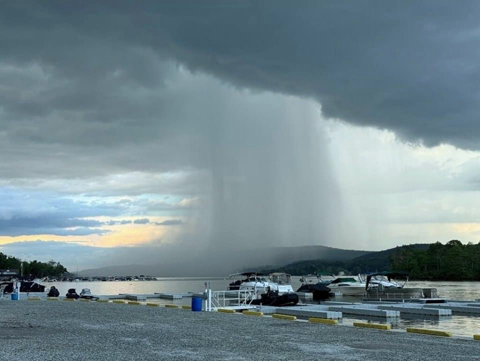 Photo of a rain shaft over lower Greenwood Lake (Passaic County) taken from Hewitt on June 7th (photo courtesy of Rich Stewart).