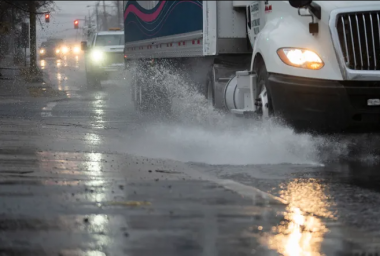 A truck splashes a puddle on Route 46 in Ridgefield Park (Bergen County) on December 9th, 2024. December helped ameliorate drought conditions, but not eliminate it. Photo by Julian Leshay Guadalupe/NorthJersey.com