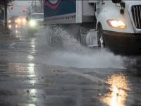 A truck splashes a puddle on Route 46 in Ridgefield Park (Bergen County) on December 9th, 2024. December helped ameliorate drought conditions, but not eliminate it. Photo by Julian Leshay Guadalupe/NorthJersey.com