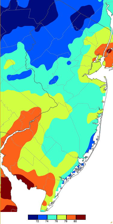 Annual maximum minimum temperatures across NJ during 2024 based on a PRISM (Oregon State University) analysis generated using NWS, NJWxNet, and other professional weather stations.