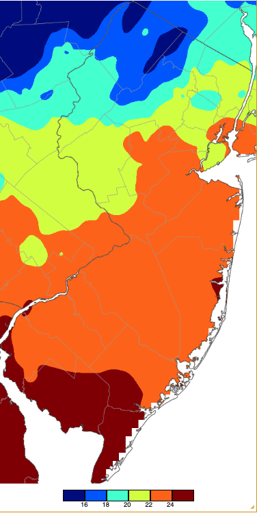 Annual minimum maximum temperatures across NJ during 2024 based on a PRISM (Oregon State University) analysis generated using NWS, NJWxNet, and other professional weather stations.