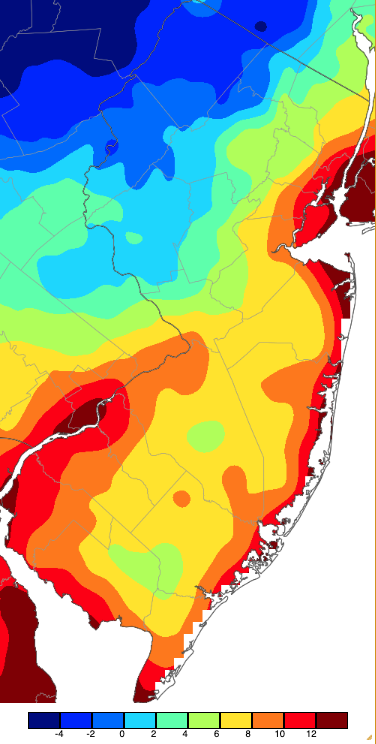 Annual minumum temperatures across NJ during 2024 based on a PRISM (Oregon State University) analysis generated using NWS, NJWxNet, and other professional weather stations.